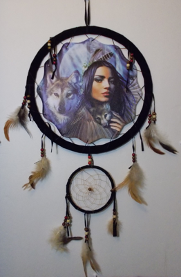 Picture of American Indian Maiden With Adult Wolf and cub Mandala - Dreamcatcher - by Andrew Farley