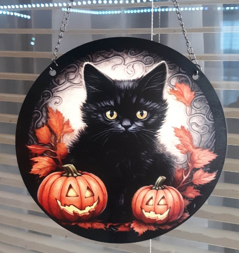 Picture of Black Cat with Pumpkins | Sun Catcher
