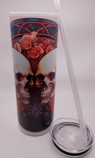 Picture of Skulls two with Blue stained window with pink flowers